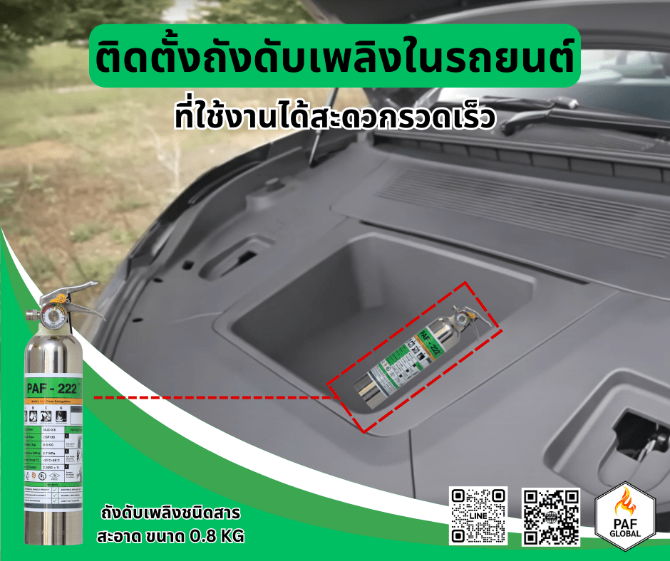 ถังดับเพลิงในรถยนต์ มีติดไว้ดีกว่าไม่มี ติดตั้งถังดับเพลิงด้านหน้ารถ